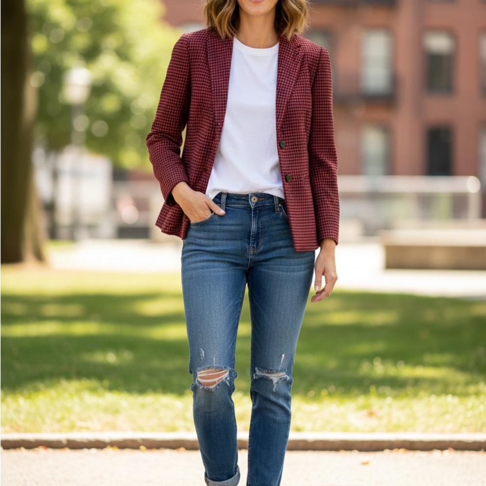 Blazer chili red textured. Balances tailored structure with modern.